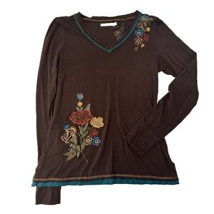 Caite Blouse Womens Medium Embroidered Floral Long Sleeve Boho Artsy Top Stretch